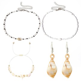 KSBBHDS Pack of 2 Conch Necklaces, 1 Pair Shell Earrings and 1 Piece Shell Bracelet, Jewellery on the Marine Element, Elees and Simple Jewellery