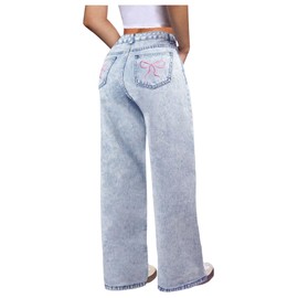 WDIRARA Girl's Bowknot Embroidery Wide Leg Jeans Y2k Baggy Denim Pants Light Wash 11Y