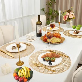 Placemats Set of 6,Gold Round Placemats with Coasters,Washable Heat Resistant Wipeable Heat Resistant Table Mats for Daily Use Wedding Anniversary Dinner Table Decorations(Dia:15inch/38cm)