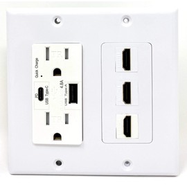 RiteAV USB Charger Outlet 15A/125V with USB Type-A/USB Type-C Charging Ports and 3 x HDMI Decorative White Wall Plate
