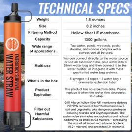 Outdoor Personal Water Filter Camping Straw - Portable Water Filter Kit for Hiking, Camping, Outdoors And Survival Equipment, 0.01 Micron Filter with Straw, Remove 99.9% Bacteria - Orange