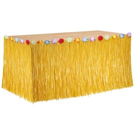 1 Pc Luau Grass Table Skirt, Hawaiian Party Decorations Hawaiian Table Skirt 75 x 275 cm with Hibiscus Flowers Straw Yellow Party Skirt for Luau Party Hawaiian Theme Party