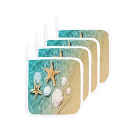 4 Pack Pot Holders Heat Insulation Hot Pads, Ocean Starfish Coastal Shell Washable Oven Pot Holder Set for Kitchen Summer Sea Beach Potholders for Baking Cooking Dining Table