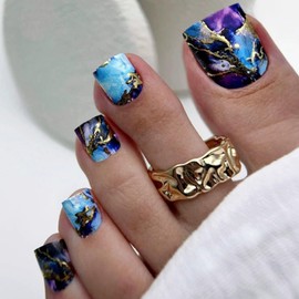 24pcs Press on Toenails Short Square Fake Toenails Blue Purple Marble Full Cover Acrylic False Toenail with Gold Foil Design Glossy Spring Summer Stick on Toenails for Women Toe Nail Decorations