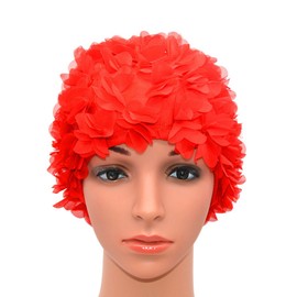 Medifier Lace Vintage Swim Cap Floral Petal Retro Style Bathing Caps for Women Rose Red