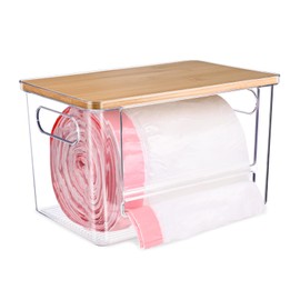 Hiitytin Trash Bag Dispenser Roll Holder, Extra Large Trash Bag Storage Dispenser with Bamboo Lid, Garbage Bag Dispenser Under Sink with Handles for Kitchen, Pantry, Laundry, Room Organization