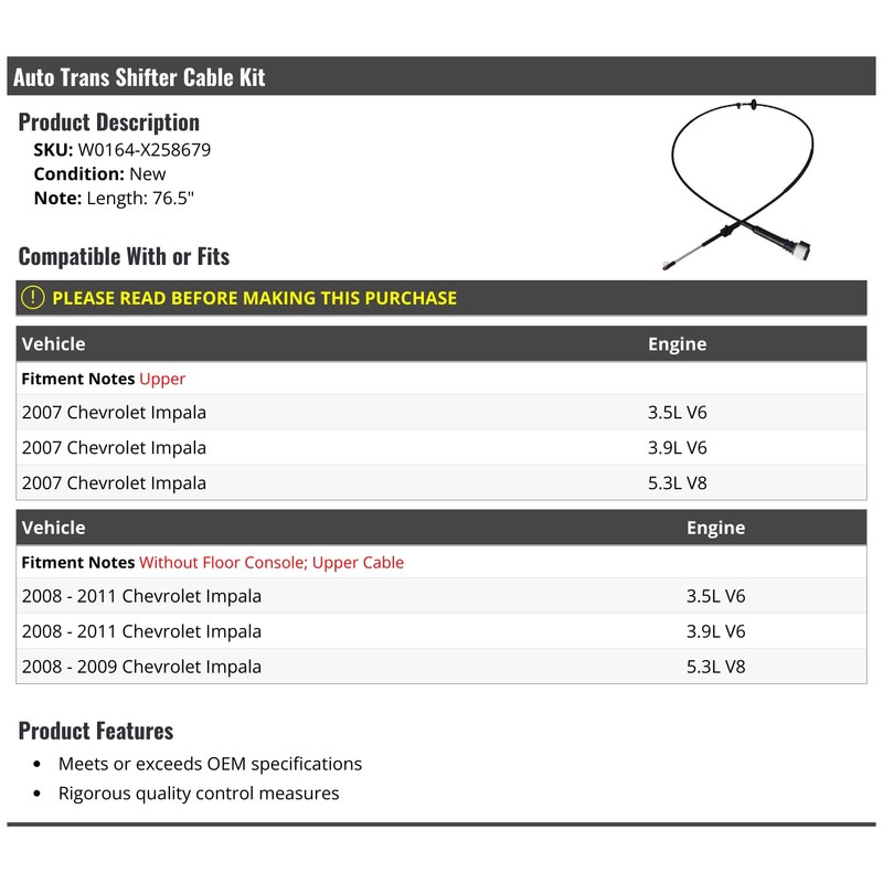 Automatic Transmission Shift Cable Kit - 76.5 inch - Upper