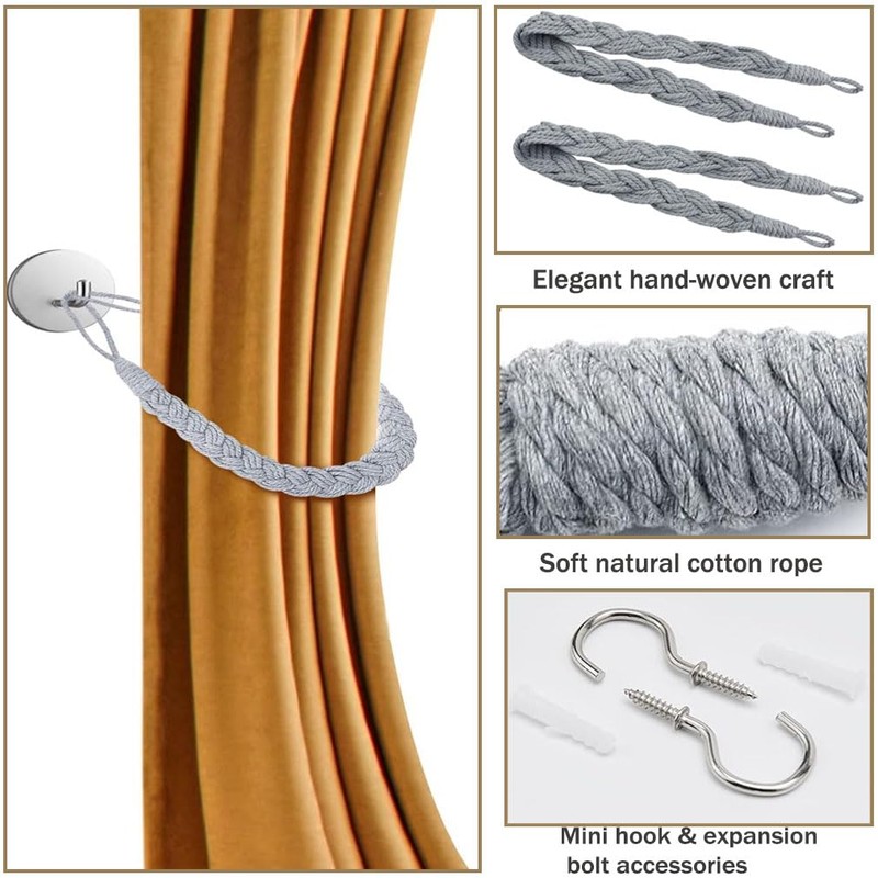 Natural Cotton Rope Curtain Tie Backs,2 Pcs Elegant Boho Style
