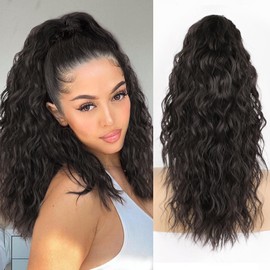 ALXNAN Claw Clip Ponytail,18 Inch Black Brown Ponytail Extension for Women Synthetic Long Curly Wavy Clip in Ponytail Hair Extensions Synthetic Hairpiece for Daily Party Use