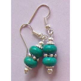 handcrafted by BeJay double blue green TURQUOISE HOWLITE saucer earring SP FISH HOOK