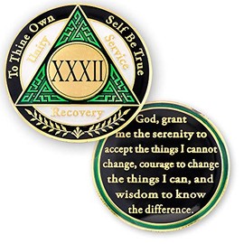 32 Year AA Medallions Sobriety Coin - Alcoholics Anonymous Chips - Thirty Two Year Coins - Green White Black Token