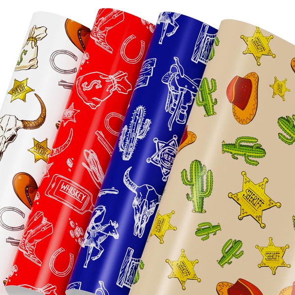 Mpanwen Western Cowboy Wrapping Paper for Boys Kids, 8 Sheets