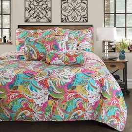 Cozy Line Home Fashions Tropical Flourish Floral Paisley 3-Piece Multi-Color Pink Blue Green Polyester Reversable Queen Quilt Bedding Set
