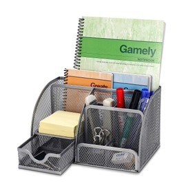 Flexzion Desk Organizer Office Supplies Accessories Desktop Tabletop Sorter Shelf Pencil Holder Caddy Set - Metal Mesh with Drawer and 6 Compartments (Silver Gray)