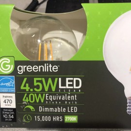 Greenlite 4 Pack LED  Deco G25 Light Bulb 40W=4.5W 2700K DIMMABLE E26 Clear Glass
