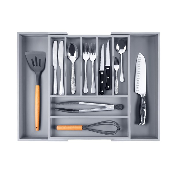 Bellsal Large Premium Bamboo Silverware Organizer - Expandable Utensil Drawer