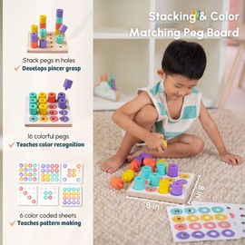 Curious Crate Wooden Montessori Toys Box for Toddlers | 9 in 1 Learning Educational Toys – Stacking Peg Board, Horizontal Dowel, Animal Figurines & more | Developmental Toy Set & Gift for 19-22 Months