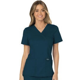 Cherokee Scrubs for Women Mock Wrap Top with 3 Pocket, Back Princess Seams Plus Size WW610, 2XL, Caribbean Blue