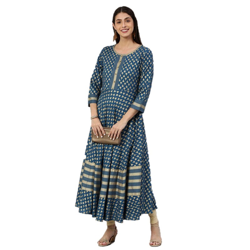 Yash Gallery Rayón Buta Print Anarkali Kurta para mujer, Azul,