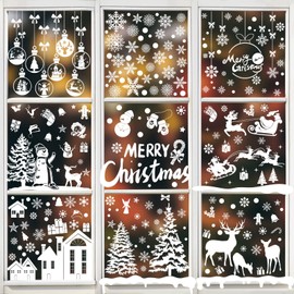 Bigqin 256 Pieces Christmas Window Sticker Xmas Window Film White Santa Claus Snowflake Reindeer Window Clings Reusable PVC Decals for Glass Winter Holiday Decorations, 9 Sheets