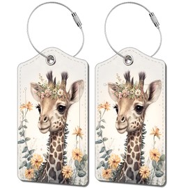 2 Pack Luggage Tag for Suitcase, Cute Unique Leather Bag Tags Identifiers Privacy Cover ID Label with Durable Steel Loop for Women Men Kids Girls Travel，GiraffeH