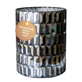 Escenzy Modern Bathroom Trash Can Mosaic Glass 6L | Decorative Small Garbage Can | 8" x 10" | Luxury Waste Basket for Restroom, Office, Bedroom & Kitchen | Shiny Black and Gold Bathroom Accessories