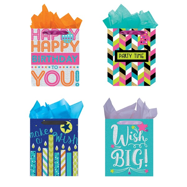 All Occasion Party Gift Bags - Set of 4 Tri-Glitter Large Birthday Bag w/Tags & Tissue Paper