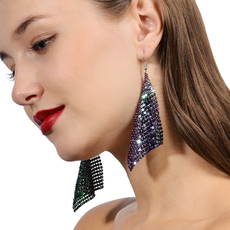 Suyi Trendy Women Earrings Metal Mesh Grid Sequins Tassel Long