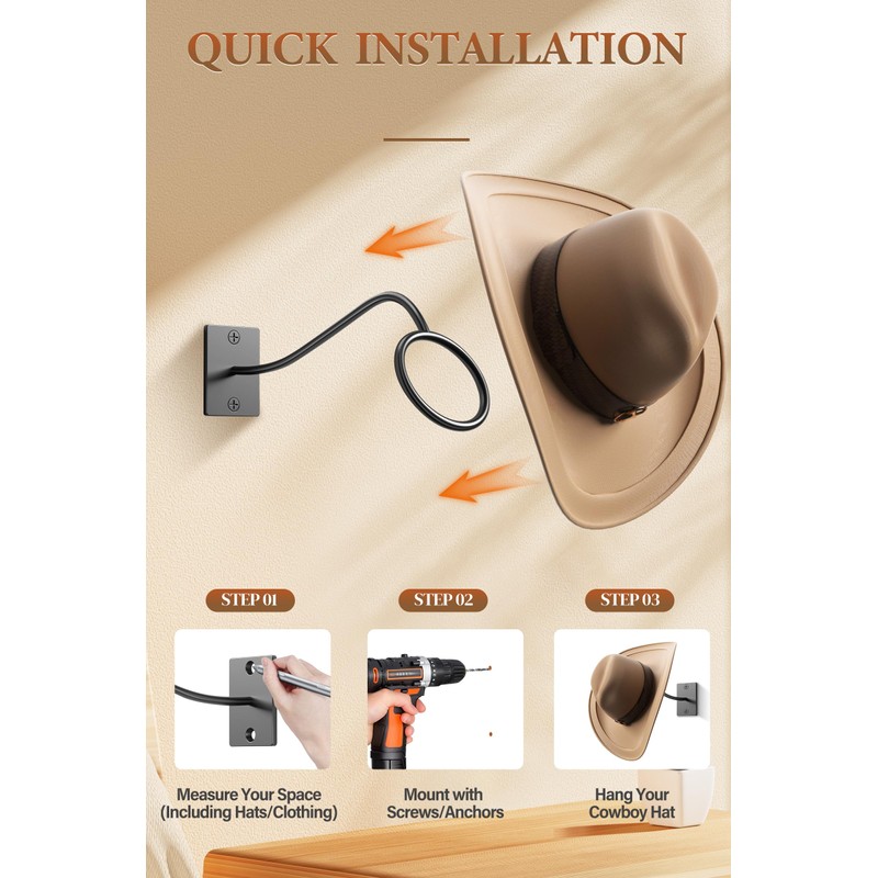 Cinati Cowboy Hat Rack for Wall, 4 Pack Cowboy Hat