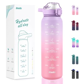 SLUXKE Stainless Steel Drinking Bottle 1 Litre with Time Marking, 1 Litre Thermos Flask with Premium Leak-Proof Lid for Hot, Carbonated and Cold Drinks Purple Pink