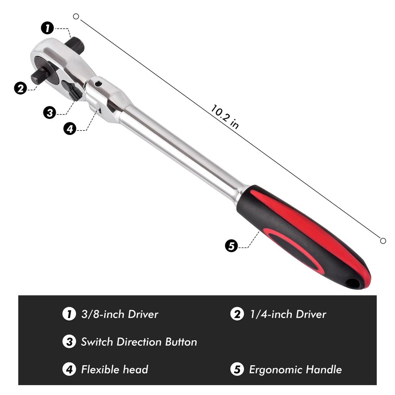 wanlvkang Dual 3/8 and 1/4 Drive Flex Head Ratchet, 72-Tooth