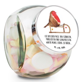 Mr. & Mrs. Panda Bonbonglas Rotkehlchen Schlitten L 870ml - Geschenk, Winter, Vorratsglas, Küchenbehälter, Keksedose, Müslidose, Snackdose, Vogel,