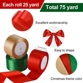 FEPITO 3 Rolls Christmas Satin Ribbon 2 Inch Wide Ribbons for Crafts Red Green Gold Satin Ribbons for Christmas Wedding Wrapping Decor