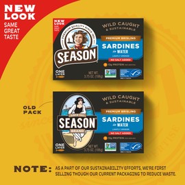 Season Brisling Sardines in Water - No Salt Added, Wild Caught, 13g of Protein, Keto Snacks, More Omega 3's Than Tuna, Kosher, High in Calcium, Canned Sardines, One Layer - 3.75 Oz Tins, 6-Pack