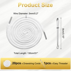 sourcing map 20pcs Drawstring Cords 51" Replacement Drawstring Hoodie String Sewing Tool with Easy Threader for Hoodie Sweatpants Jackets Pants Hats Coats Bags, White