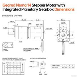 YEJMKJ 100:1 Geared Nema 14 Stepper Motor with Integrated Planetary Gearbox 2 Phase 1.8‌°‌ 0.26Nm(36.82oz·in) High Torque Bipolar 2.7Ω 1.2A 80mm 4-Lead Shaft 20mm φ8mm Cable 1M 3D Printer DIY CNC