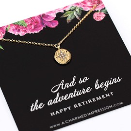 Retirement Gift for Women • Diamond Starburst Compass Necklace • 14k Gold • Service Appreciation Jewelry • Retiring Friend Mom Teacher Nurse Coworker Colleague Gifts • And so the Adventure Begins