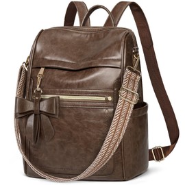 RAINSMORE Backpack Purse for Women, Leather Backpack Purse Lightweight Fashion Backpack Small Casual Daypacks Convertible Designer Ladies Shoulder Bag with Bow, Deep Brown