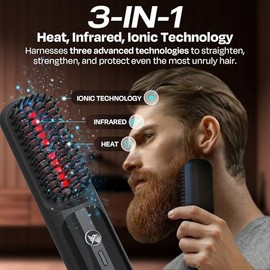 HUMMINGBIRD MK18 BeardBoss - Alisador de barba inalámbrico para hombre, cepillo de barba calentado y peine caliente, calor de cerámica 3 en 1, iónico,