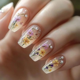 24pcs/set Floral Pattern Press-On Nail Set - Almond Fake Nails With Pastoral Flowers Design False Nails Press On Nail Cute Flower French Artificial Nails Full Cover Nail Tips for Women Manicure