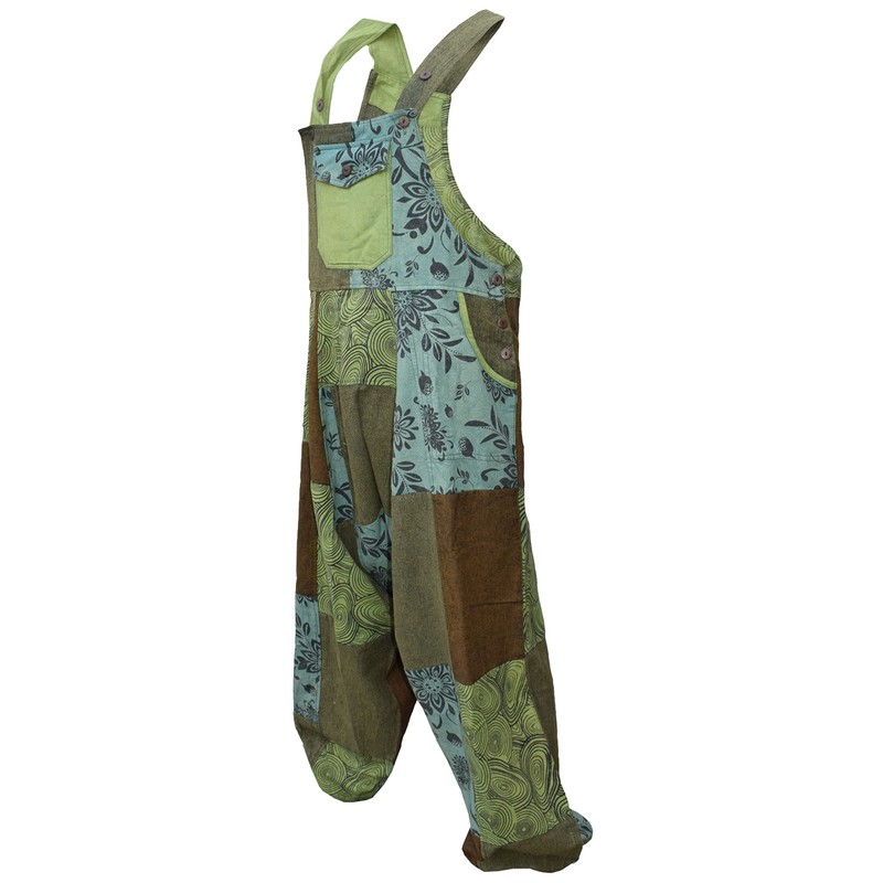 Gheri Mens Loose Fit Patchwork Printed Cotton Harem Dungarees Green