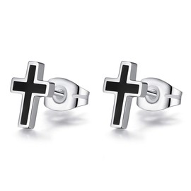 REVEMCN 925 Sterling Silver and Stainless Steel Cross Stud Earrings for Women Men, 3 Pairs (Black Stud Earrings)