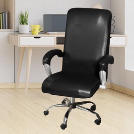 ITFRO Waterproof Office Chair Cover with Armrest Covers PU Leather Black Computer Chair Cover Desk Chair Cover Universal Rotating Chair Slipcover High Back Chair Seat Protector (Black)