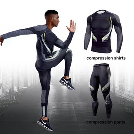 OEBLD Men's Workout Compression Clothes Long Sleeve Compression Shirts and Pants Thermal Base Layer Set Black White