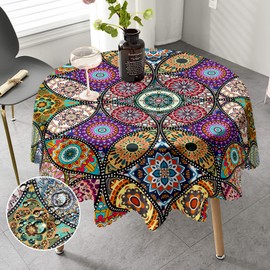 iEvery Round Tablecloth 150cm Boho Wipeable Tablecloths Polyester Wipe Clean Table Cloth Waterproof Circular Table Cover for Home Dinning Kitchen Party Picnic Patio Outdoor