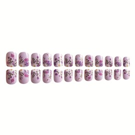 Short Press on Nails Square Fake Nails Purple Nails Press ons Glossy Glue on Nails Daily Wear Nature False Nails with Floral Designs Spring Acrylic Nails Summer Stick on Nails for Women 24Pcs