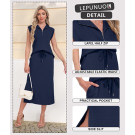 Lepunuo Skirt Sets Women 2 Piece Outfits Half Zip Lapel Tops Split Midi Skirts with Pockets Teacher Outfit Lounge Set