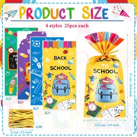 HOWAF 100pcs Back to School Cellophane Bags, First Day of School Goodie Bags with Twist Ties for Welcome Back Party Supplies, Learning Themed Cookie Treat Bag for Gift Wrapping