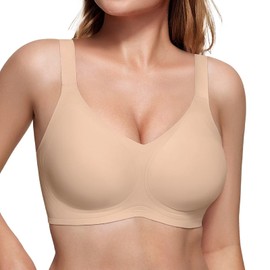 Vertvie Women's Seamless Bra Wireless Push Up Support Bra Comfort Full Coverage Bra V Neck Sleep T-Shirt Everyday Bralettes (Nude,Large)