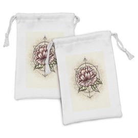 Lunarable Spring Fabric Pouch Set of 2, of Nature Theme Single Blossom on Geometry Shapes, Small Drawstring Bag for Toiletries Masks and Favors, 9" x 6", Olive Green Dried Rose